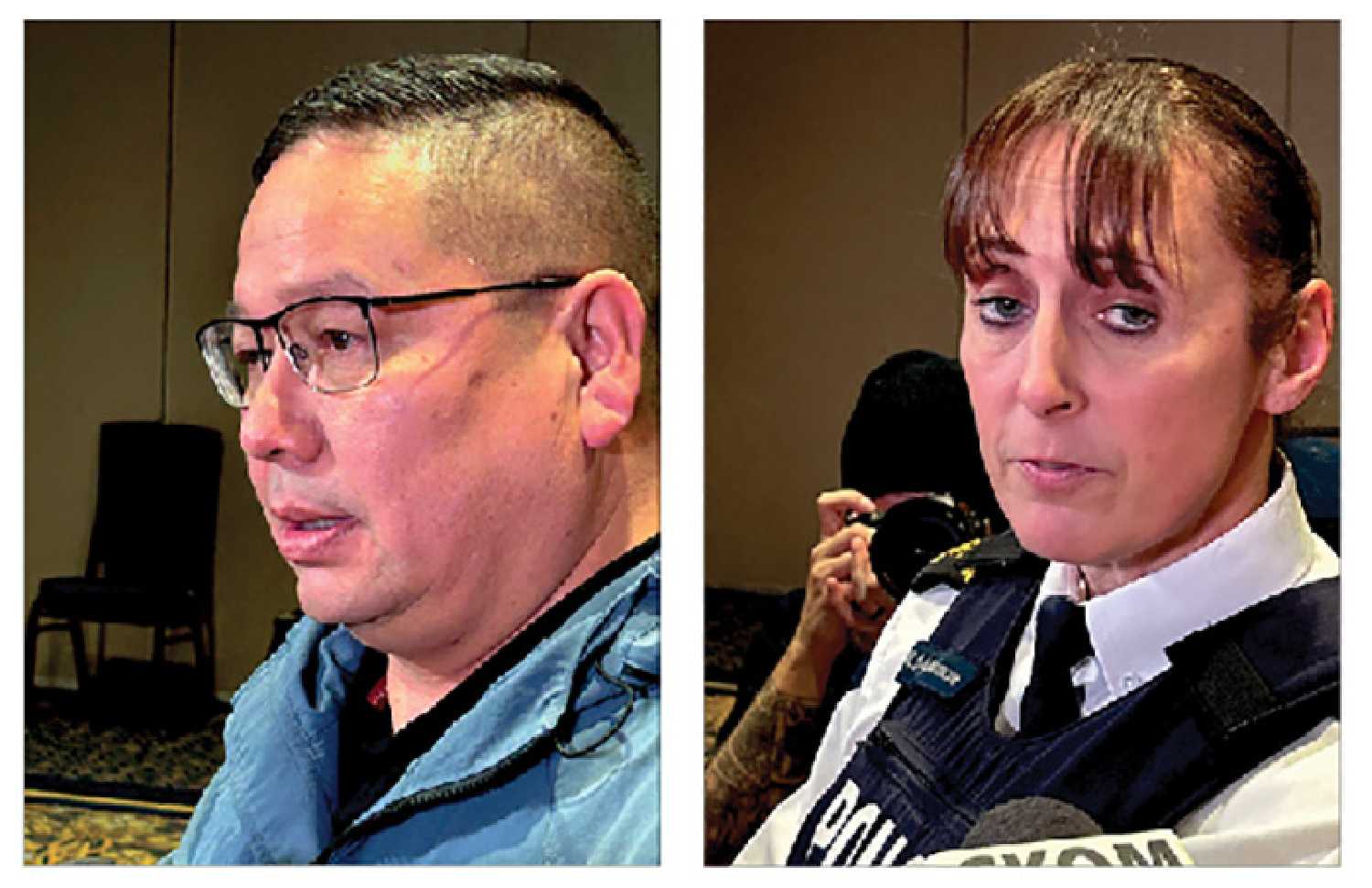 <b> Left:</b> James Smith Cree Nation Chief Wally Burns speaks with reporters after the conclusion of a four-day inquest into the death of Myles Sanderson in Saskatoon. <b> Right:</b> RCMP Assistant Commissioner Rhonda Blackmore fields questions from reporters after the inquest revealed three of four jury recommendations focused on the RCMP.